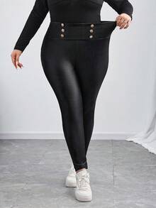 SHEIN CURVE+ Leggings de cuero negro de talla grande de cintura alta, para otoño/invierno - Negro - Ver 1