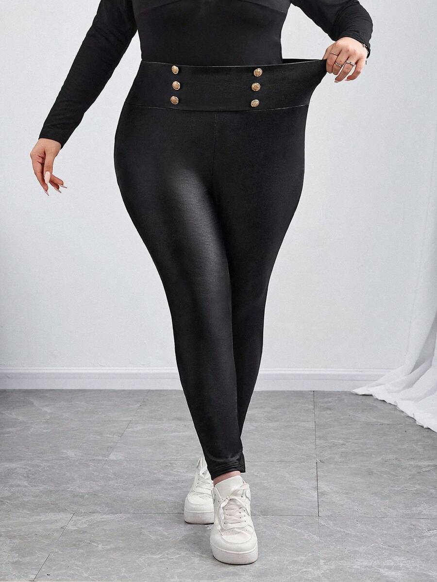 SHEIN CURVE+ Leggings de cuero negro de talla grande de cintura alta, para otoño/invierno - Negro - Ver 1