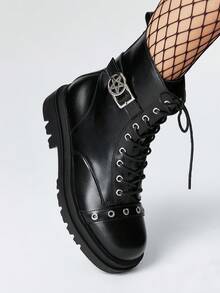 Grunge Punk 女式哥特式圆头粗跟靴，金属孔眼扣设计，PU 皮革，黑色，适合派对、日常穿着、休闲时尚、万圣节 - 黑色 - 查看 6