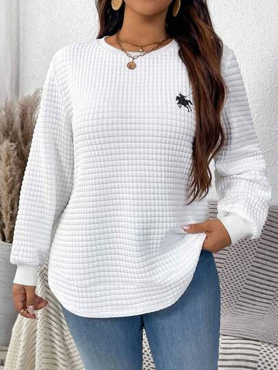 EMERY ROSE Back-To-School Season, Preppy Style, Teacher's Day Plus-Size Casual Versatile Pony Logo Pattern Solid Color Sweatshirt Suitable For Autumn, Winter And Halloween,Fall Clothes For Women