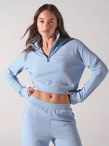 Menodora SHEIN Sport Women's Letter Embroidered Zip-Up Polo Collar Raglan Sleeve Casual Top - Dusty Blue - View 1