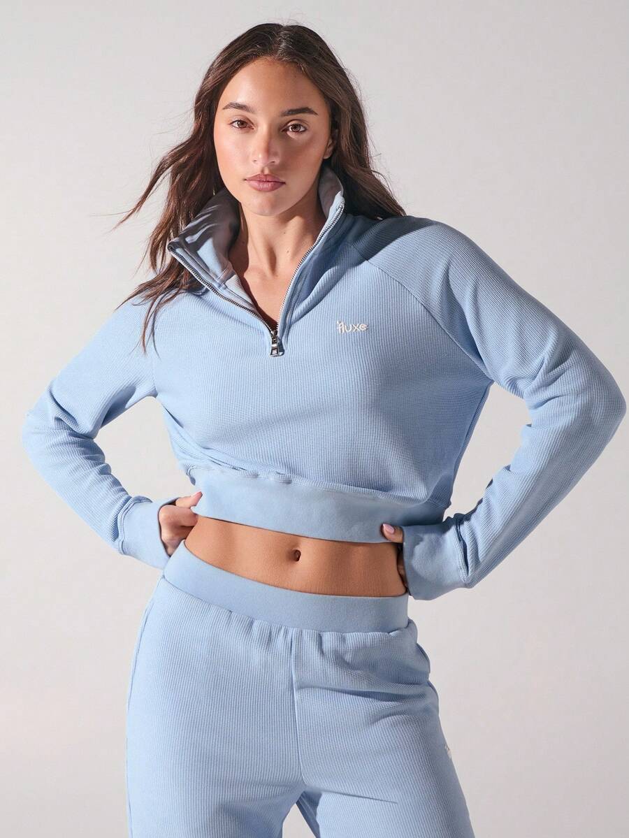 Menodora SHEIN Sport Women's Letter Embroidered Zip-Up Polo Collar Raglan Sleeve Casual Top - Dusty Blue - View 1