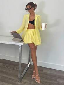 SHEIN Essnce 2 件套女士清爽柠檬黄泡泡裙和透明衬衫套装，夏季 - 黃色 - 查看 3