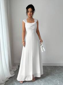 Rafferiza Sleeveless Waist Cinched Solid Color Split Dress - White - View 4