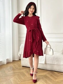 SHEIN Teen Girl Elegant Fitted Round Neck Frill Trim Long Sleeve Metallic Texture Ribbed Asymmetric Bowknot Knit Dress, Red, Suitable For Christmas And Halloween - Red - View 4