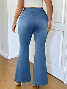 SHEIN Tall CURVE Plus Size Blue Summer Smart Casual Everyday Women's Slim Fit Flare Leg Jeans,Washed Denim Work Clothes For Teacher,Vintage Streetwear Modest Pants - Blue - View 2