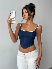 Aloruh Women's Dark Blue Ruffled Denim Top, Elegant Casual Lace Zipper Denim Top, Sexy Denim Vest - Blue - View 7
