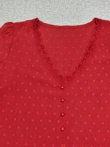 Franclia 1 chiếc áo cánh tay bồng phối ren màu trơn đơn giản dành cho nữ, quần áo mùa thu năm mới - Đỏ - Xem 3