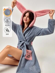 Loomlin Penguin Embroidery 3D Ear Design Hooded Belted Flannel Robe Bunny Robe Womens Fluffy Robes Hooded Robes For Women Womens Sleepwear - Multicolor - View 1