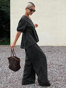 Livesso 女士夏季条纹泡泡袖V领宽松休闲裤两件套 - 黑色 - 查看 4