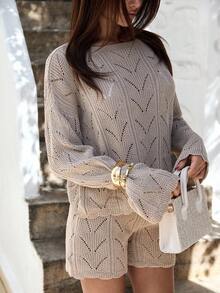 EURMUSE Women Beachwear Hollow Out For Summer Beige 2 Pieces Short And Sweater - Cream - View 8