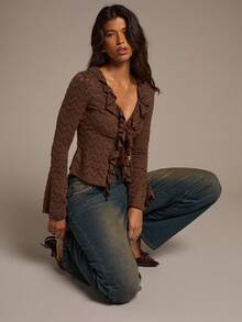 Aloruh Women's Autumn/Winter New Lace Ruffle Tie-Up Long Sleeve Deep V Bodycon Sexy Brown Hollow Out Cardigan - Brown - View 8