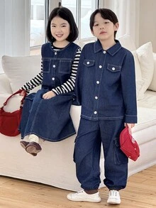 Genkimix Kids 3 件套幼儿女童休闲装：牛仔无袖背心 + 条纹针织上衣 + 工装牛仔裙，秋季 - 深色水洗藍 - 查看 5