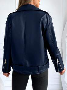 EURMUSE Women's Street Fashion Motorcycle PU Leather Zip-Up Jacket - Navy Blue - View 2