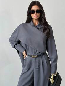 Firerie Women's Elegant Minimalist Urban Chic Charcoal Gray 2-Piece Set,Autumn Scarf Collar 2 In 1 Long Sleeve Shirt And High Waist Pants,Office Fall Outfits - Grey - View 8