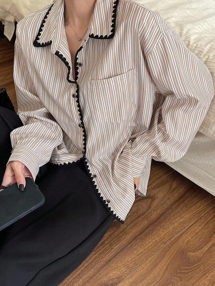 Women's Loose Business Casual Striped Print Long Sleeve Shirt With Contrast Color Blocking, Suitable For Office Wear In Autumn & Spring