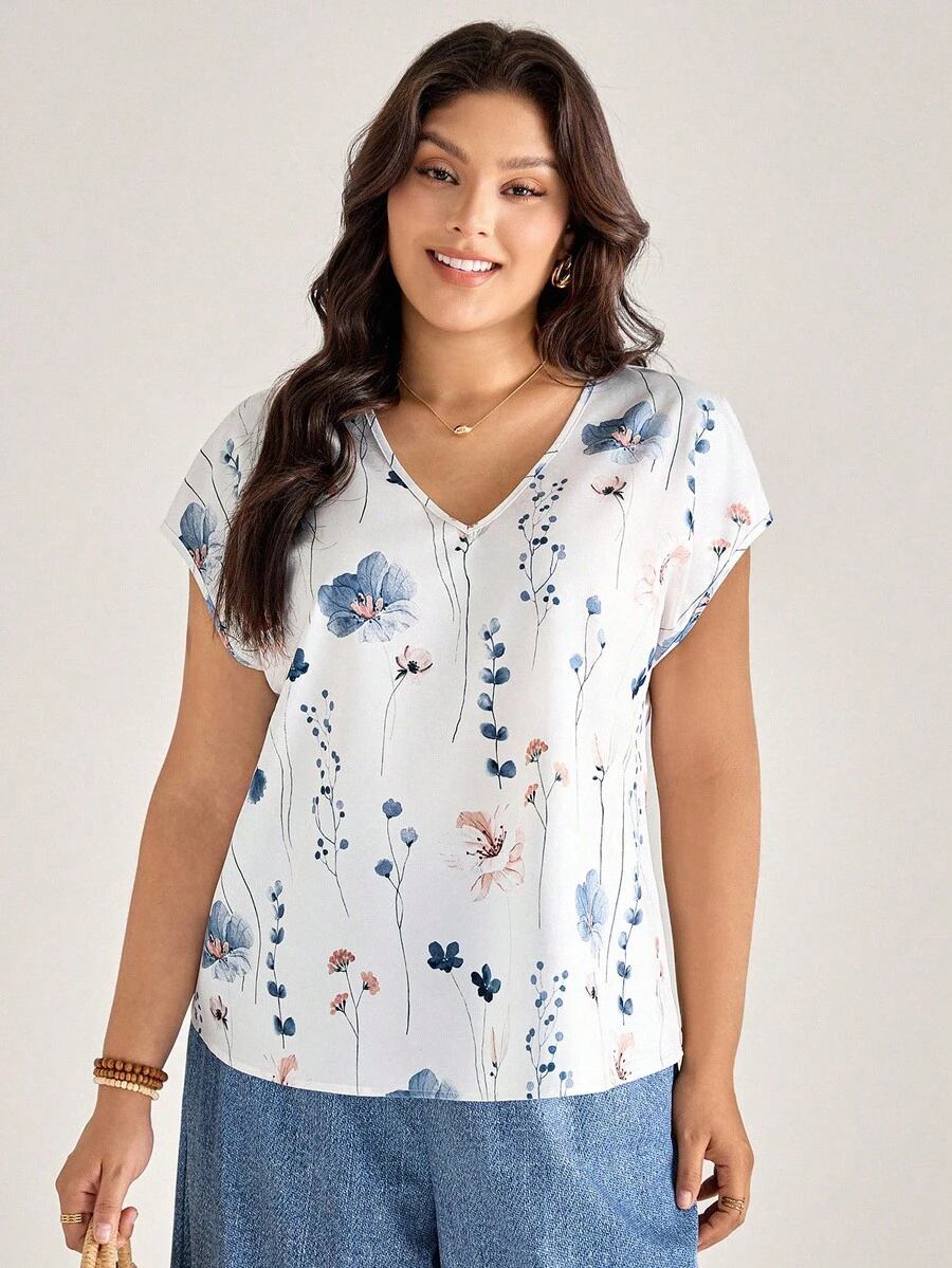 Comfylo Women White Summer Casual Flowy Everyday V-Neck Floral Print Top & Pants Set,Plus Size Vacation Resort Outfits,Chic Work Office Clothes,Streetwear - Multicolor - View 1