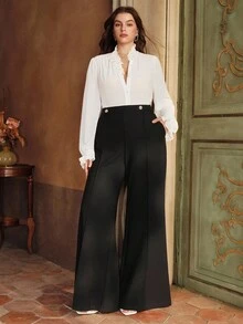Anewsta Fashionable Women Bell Bottom Pants With Buttons, Modest Clothing For Women, Spring And Summer Outfit - Black - View 7