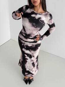 Aidyla Women's Autumn Knitted Tie Dye Print Long Sleeve Bodycon Elegant Going Out Date Vintage Style Maxi Wrap Dress, Black Fall Cloth For Women - Multicolor - View 4