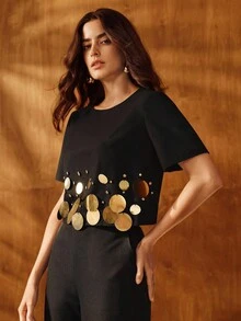 Anewsta Sequin Beaded Cropped Short Sleeve Top - Black and Gold - View 3