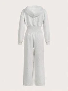SHEIN EZwear 灰色休闲女式落肩长袖前拉链连帽连体裤 - 灰色 - 查看 8