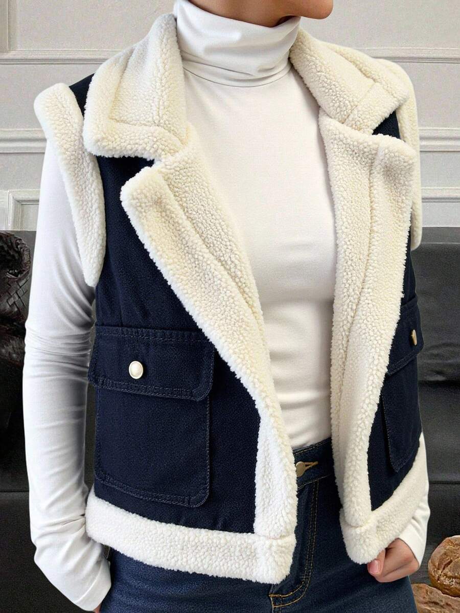 DAZY Women's Autumn/Winter Sleeveless Denim Vest With Faux Shearling Patchwork, Casual City Style Thermal Lined - Dark Wash - View 1