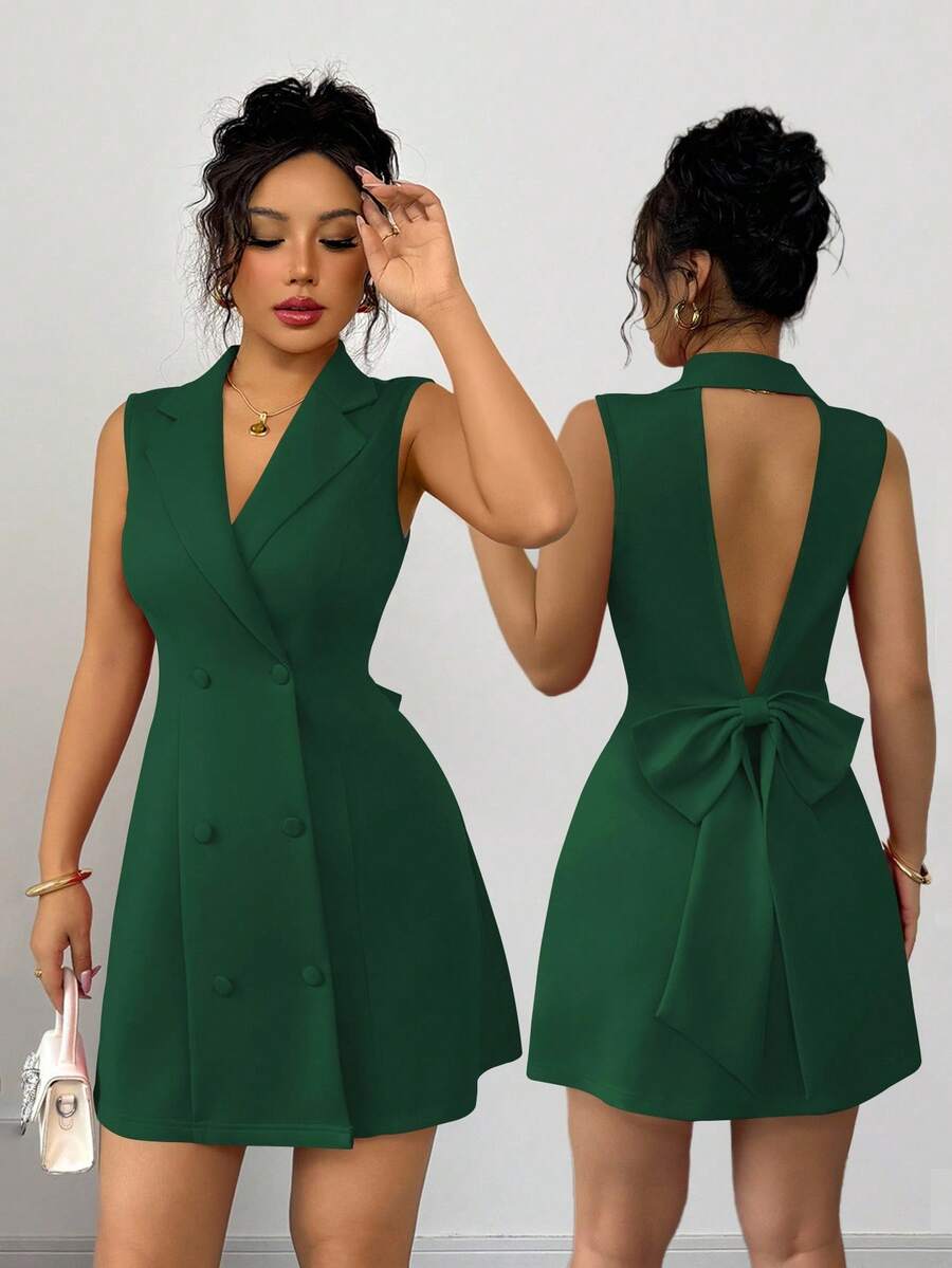 Elenzga Đầm cocktail dự tiệc không tay ôm sát, cổ chữ V sâu, hai hàng khuy, thiết kế nơ lớn, dành cho nữ, thanh lịch, trẻ trung, đa năng - màu xanh lá - Xem 1