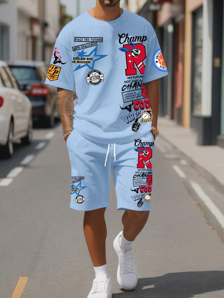 Manfinity Homme Bộ áo thun nam cổ tròn tay ngắn in khẩu hiệu và quần short cạp rút - Màu xanh lam - Xem 1