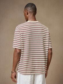 AKNOTIC 条纹圆领男士休闲短袖T恤 - 杏色 - 查看 4