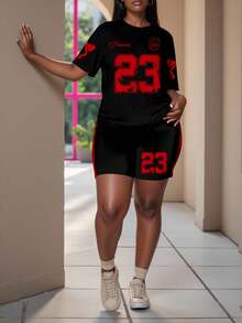 Slaydiva 2 件休闲简约运动红色蝴蝶结 23 球衣印花紧身短袖短裤套装，适合夏季 - 黑色 - 查看 6