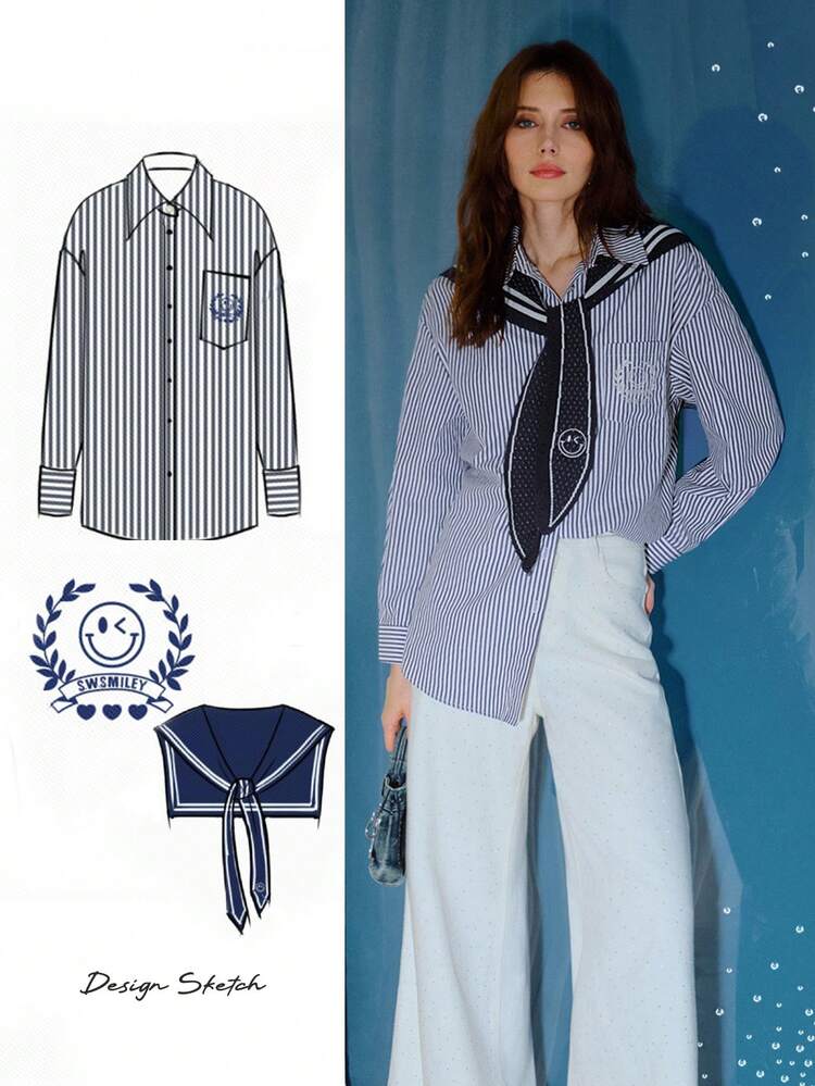 S.W.Smiley x MOTF STRIPED EMBROIDERY DETAIL SHIRT