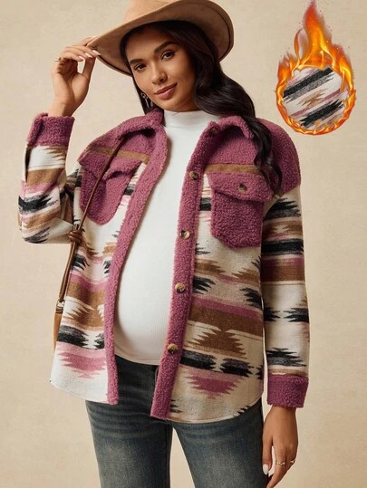 Boho Mama Maternity Drop Shoulder Fleece Front Button Vintage Fashion Versatile Jacket  Women's Winter Jacket  Boho
