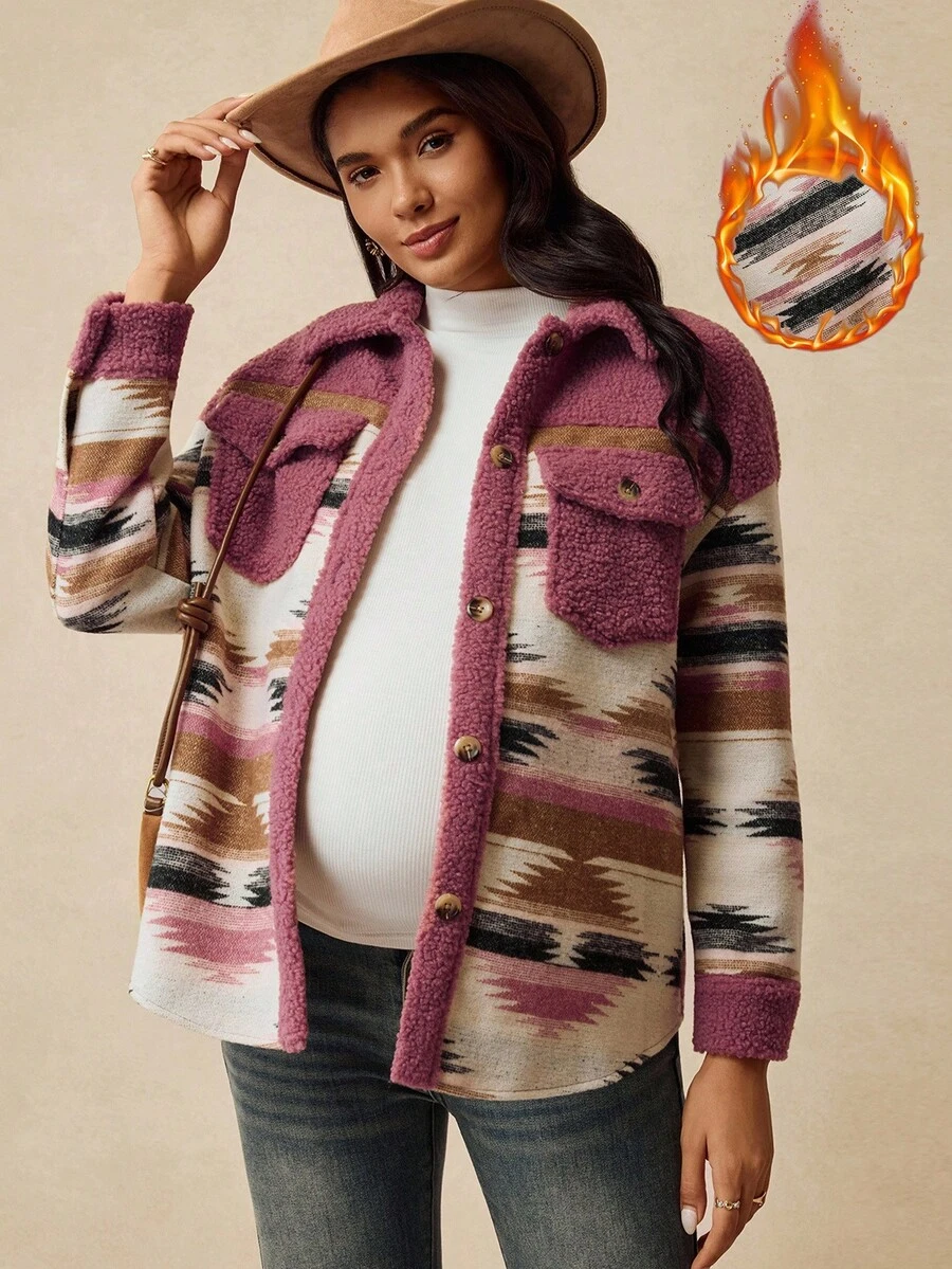 Boho Mama Maternity Drop Shoulder Fleece Front Button Vintage Fashion Versatile Jacket Women's Winter Jacket Boho - Pink - View 1