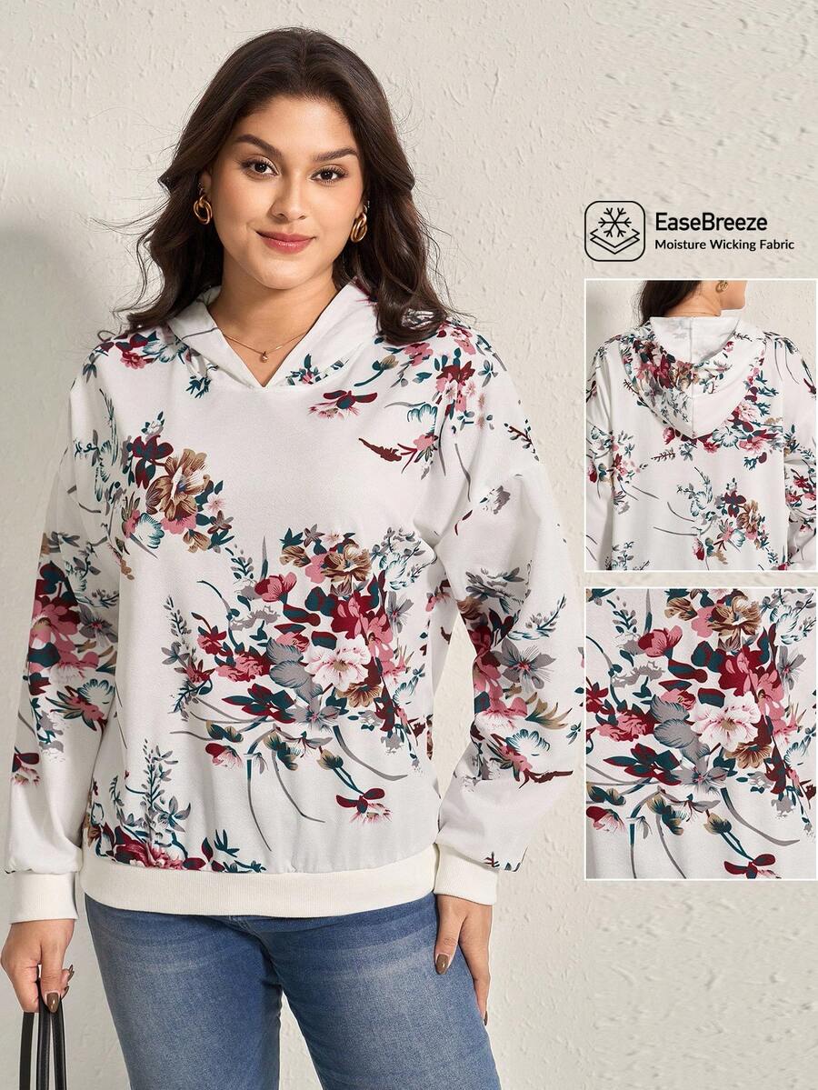 Comfylo Plus Floral Print Drop Shoulder Hoodie Fall Women Clothes Fall Clothes Plus Size Fall Outfits For Women  Fall Outfits Women Light-Colored Printed Knitted Sweatshirt Winter Autumn - White - View 1