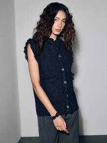 Lumivelle Áo len chui đầu cài nút tua rua phía trước màu trơn dành cho nữ - Xanh đậm - Xem 3