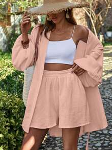 EURMUSE 2pcs Textured Cotton Crinkle Casual Shirt And Shorts Set - Pink - View 3