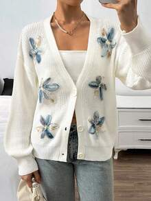 EURMUSE Áo len cardigan tay phồng họa tiết hoa 3D thanh lịch dành cho nữ - Màu be - Xem 5