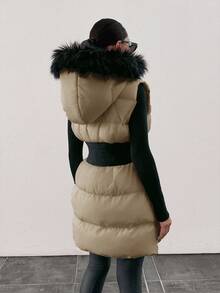 Padded Vest With Furry Hood And Adjustable Waist, Two Side Pockets, Thick And Fashionable Puffer Jacket, Quilting Details - Beige - View 2
