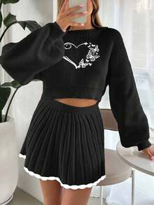 EURMUSE Niedlicher Rundhals-Pullover mit einfarbigem Fallschulter-Ballonärmel, Herz-Stickerei und einfarbiger mini plissierter gestrickter Rock, 2 Stücke Set für Damen im Herbst und Winter