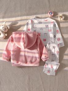 Baby Girls' Pink Rabbit Animal Plush Jacket & Pants Casual Comfortable Loungewear Set Fall Winter - Pink - View 2