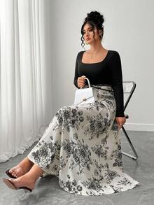 SHEIN Elenzya 大码女装新款优雅浪漫方领连衣裙，复古优雅，下半身水墨印花拼接，女装优雅修身方领长袖腰带拼接中国风印花长裙