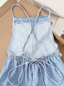 Comfortcana Quần short denim lưng chéo dáng rộng thoải mái dành cho nữ - Rửa nhẹ - Xem 7