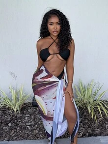 Alexandranx 系带花卉图案印花超长纱笼罩衫春夏季度假海滩泳装优雅可爱性感波西米亚风伊比萨岛 - 彩色 - 查看 1