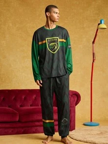 HARRY POTTER X SHEIN Men's Snake House Emblem Saw-Tooth Print Dropped Shoulder Loose Long Sleeve Top And Pants Loungewear Set, Spring/Autumn