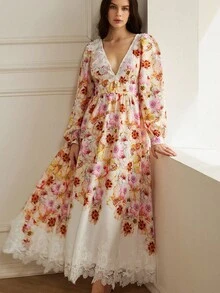 BELROSIE New Autumn Faux Linen Bamboo Knot Digital Print Lace Patchwork Sexy Deep V-Neck Long Sleeve Dress Fall Cloth For Women - Multicolor - View 1