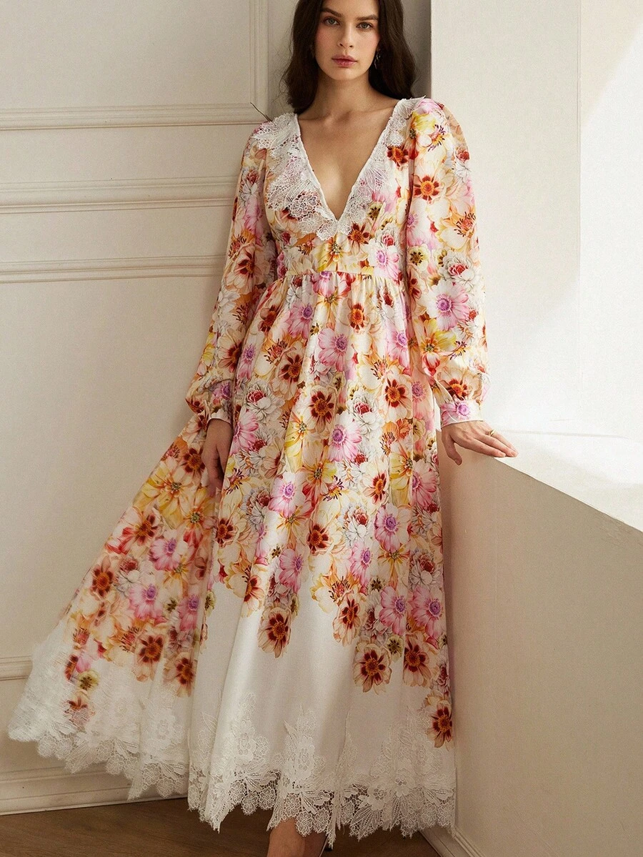 BELROSIE New Autumn Faux Linen Bamboo Knot Digital Print Lace Patchwork Sexy Deep V-Neck Long Sleeve Dress Fall Cloth For Women - Multicolor - View 1