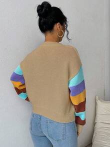 EMERY ROSE Áo len họa tiết hoa 3D dài tay kẻ sọc thường ngày dành cho nữ, mùa thu - Màu Khaki - Xem 2