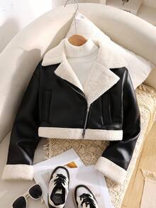 SHEIN Kurtka-płaszcz dla dziewcząt w stylu casual street chic w stylu motocyklowym z metalowym zamkiem błyskawicznym, z podszewką z poliuretanu, z polaru kompozytowego, z krótkim rękawem i klapami, ze sztucznego futra, w kolorze czarnym, na jesień/zimę