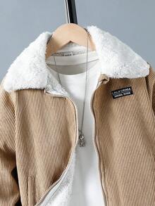 SHEIN 青少年男孩休闲翻领长袖羊毛开衫夹克、外套 - 卡其色 - 查看 6