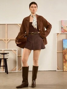 Florisole Women's Casual Commuter Simple Solid Color Suede A-Line Mini Skirt, Without Belt, Autumn - Rust Brown - View 5